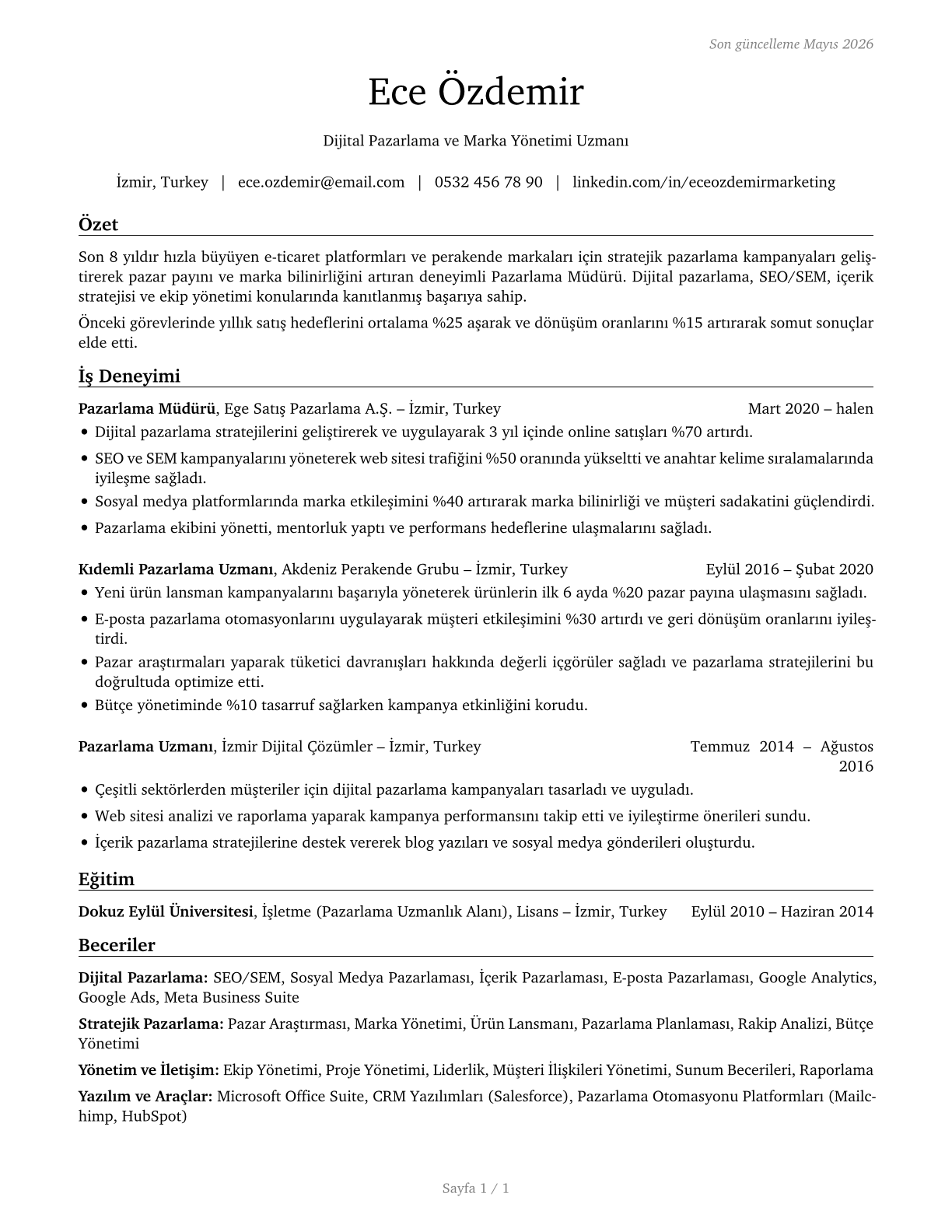Marketing Managers CV in Turkish — page 1