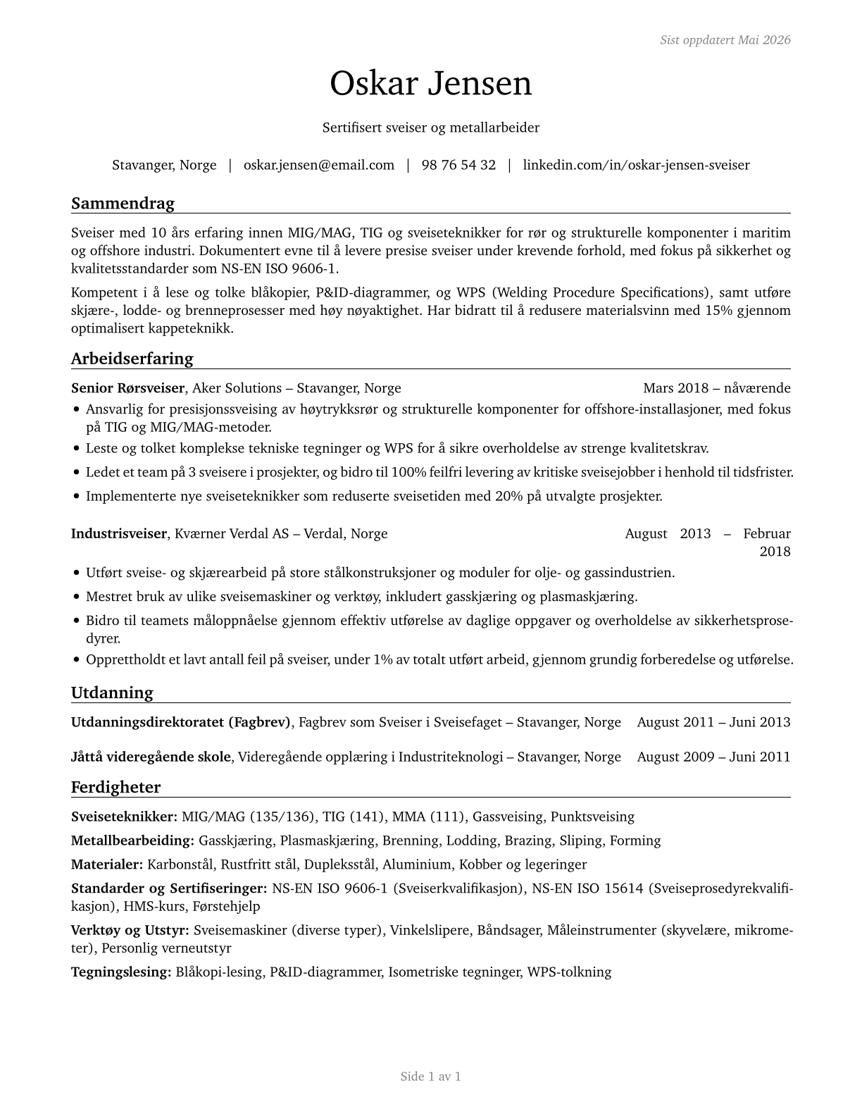 Welders, Cutters, Solderers, and Brazers CV in Norwegian_bokmal — page 1