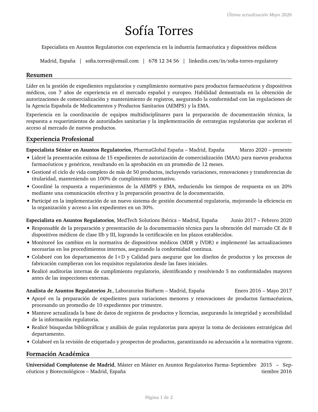 Regulatory Affairs Specialists CV in Spanish — page 1
