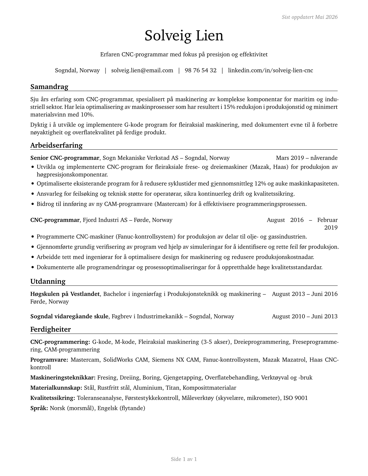 Computer Numerically Controlled Tool Programmers CV in Norwegian_nynorsk — page 1