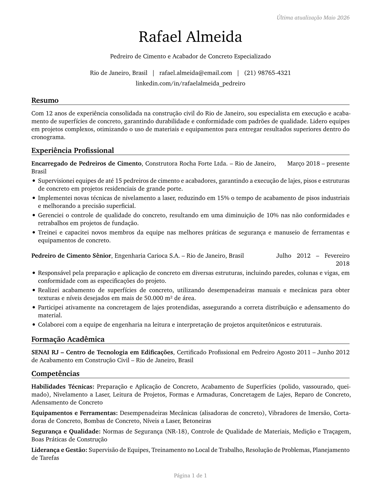 Cement Masons and Concrete Finishers CV in Portuguese — page 1