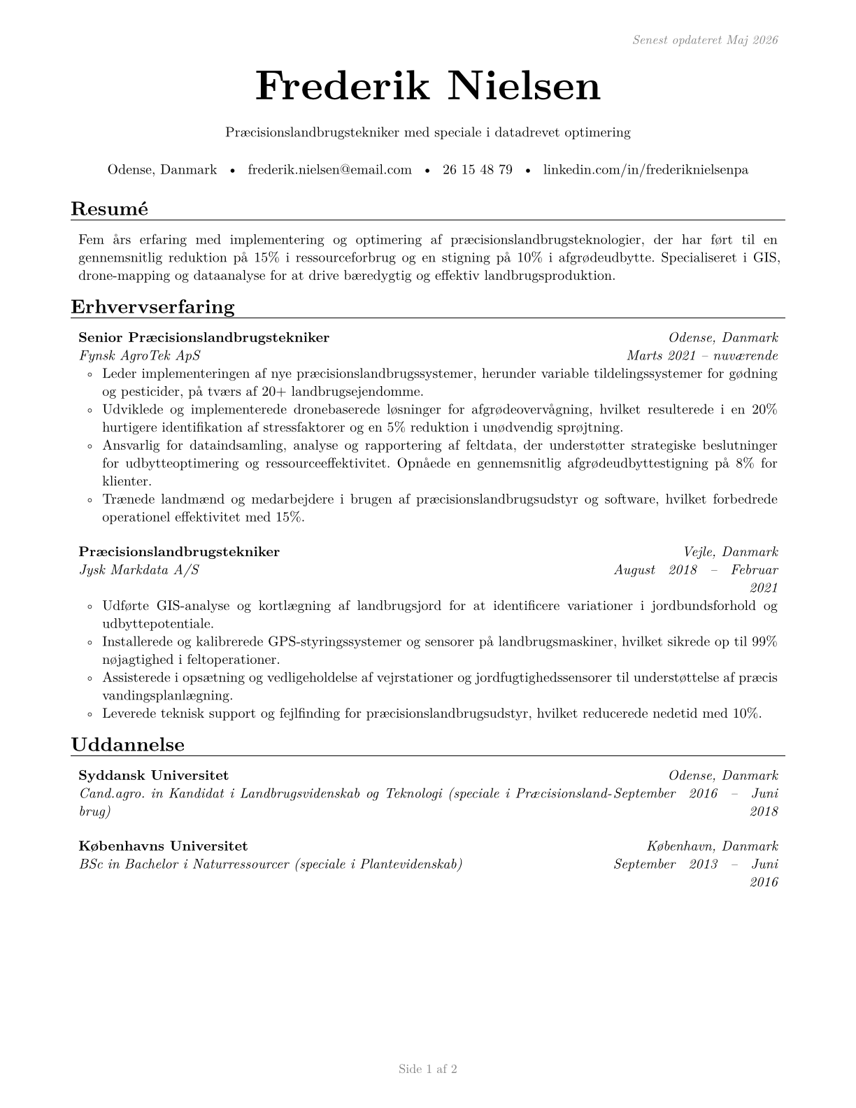 Precision Agriculture Technicians CV in Danish — page 1