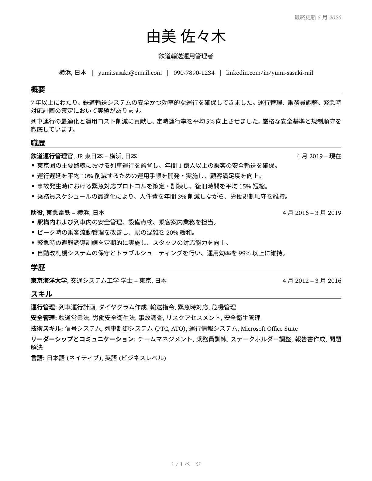Rail Transportation Workers, All Other CV in Japanese — page 1