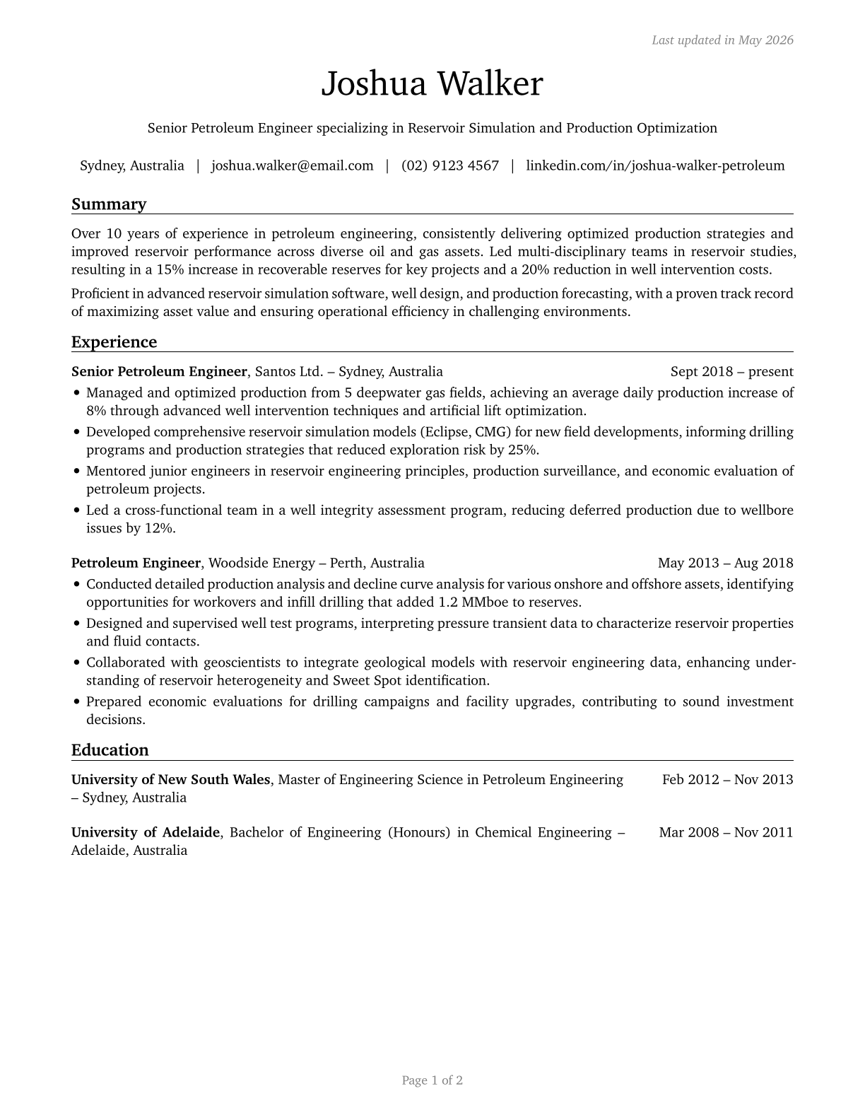 Petroleum Engineers CV in English — page 1