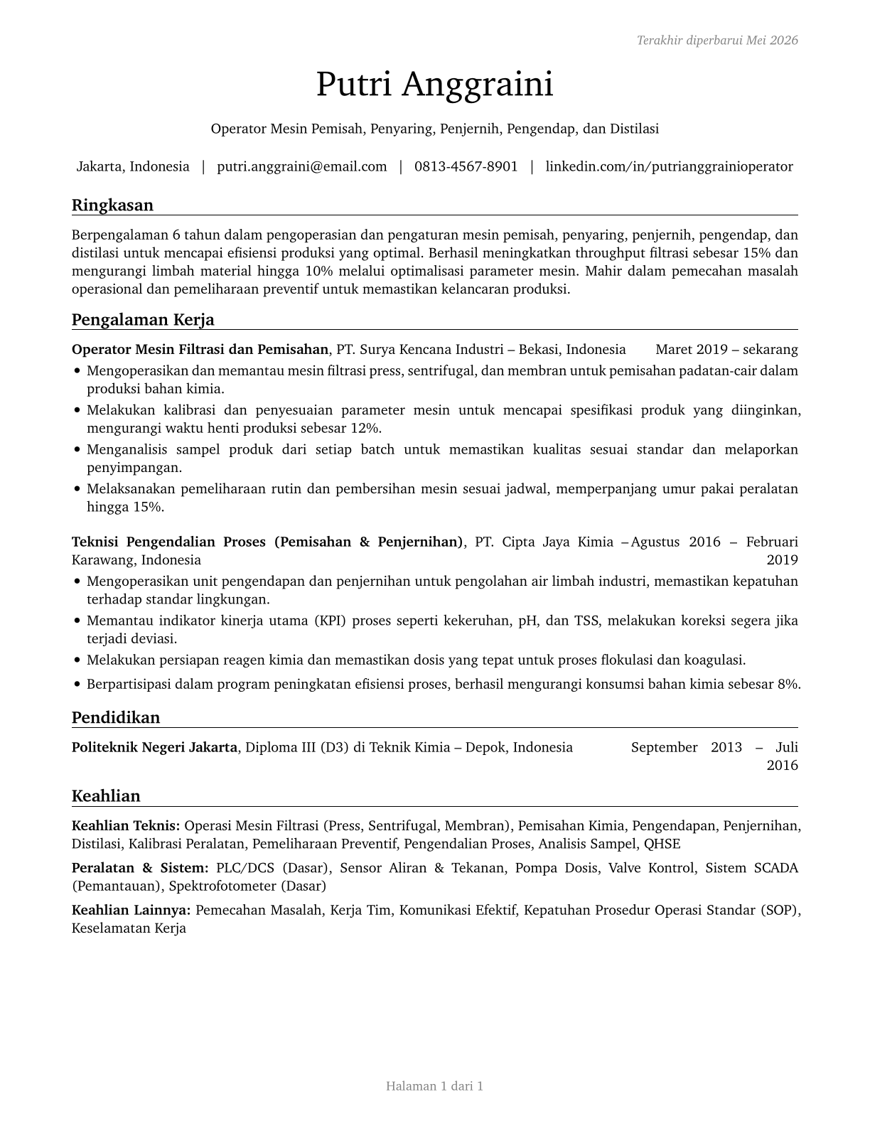 Separating, Filtering, Clarifying, Precipitating, and Still Machine Setters, Operators, and Tenders CV in Indonesian — page 1