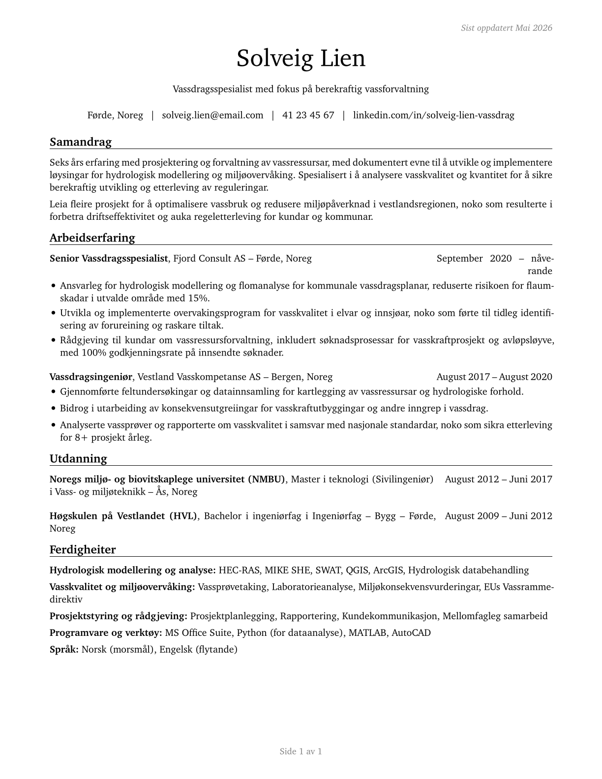 Water Resource Specialists CV in Norwegian_nynorsk — page 1