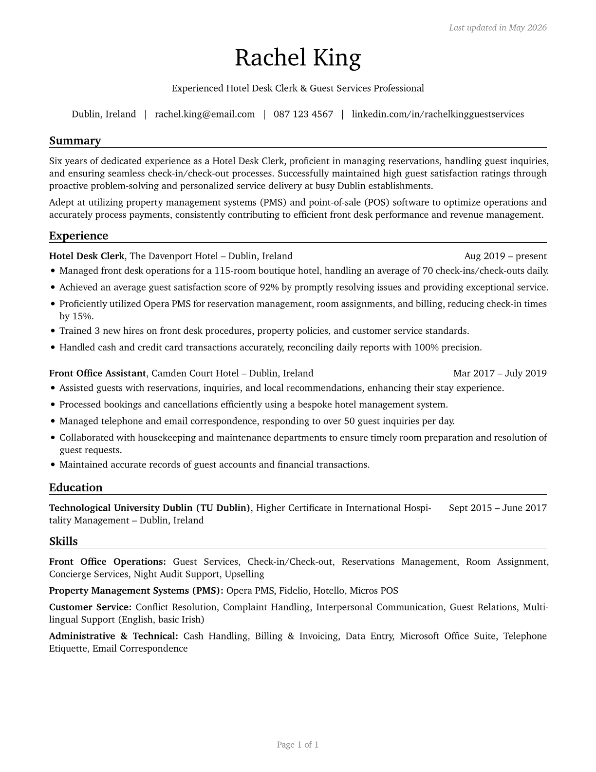 Hotel, Motel, and Resort Desk Clerks CV in English — page 1