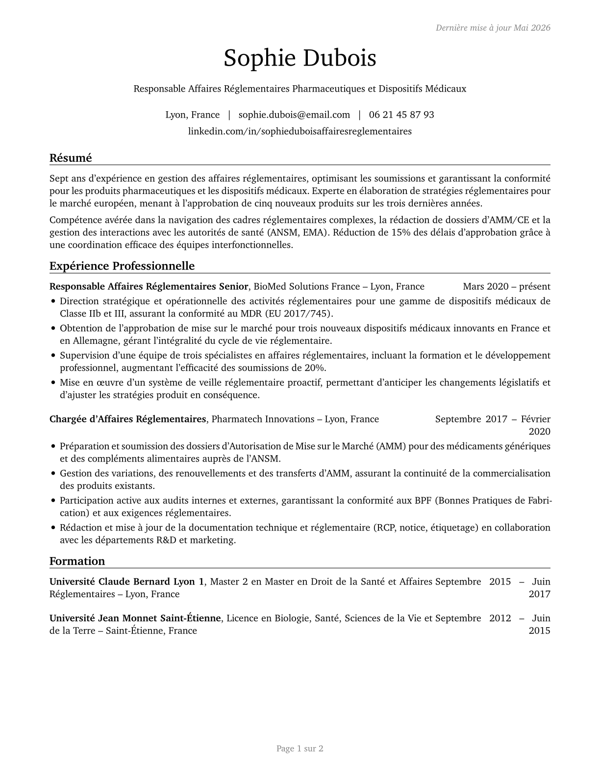 Regulatory Affairs Managers CV in French — page 1
