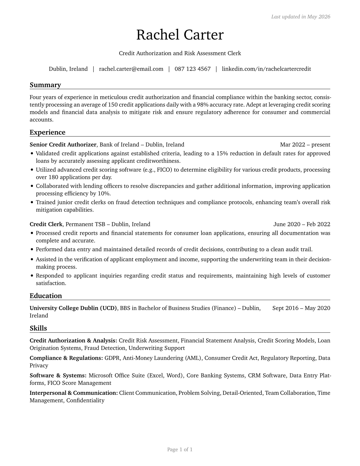 Credit Authorizers, Checkers, and Clerks CV in English — page 1