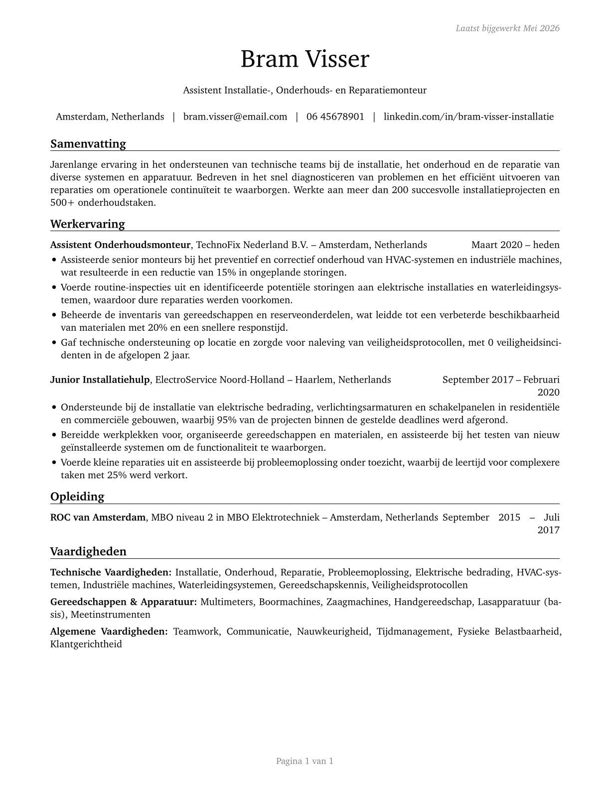 Helpers--Installation, Maintenance, and Repair Workers CV in Dutch — page 1