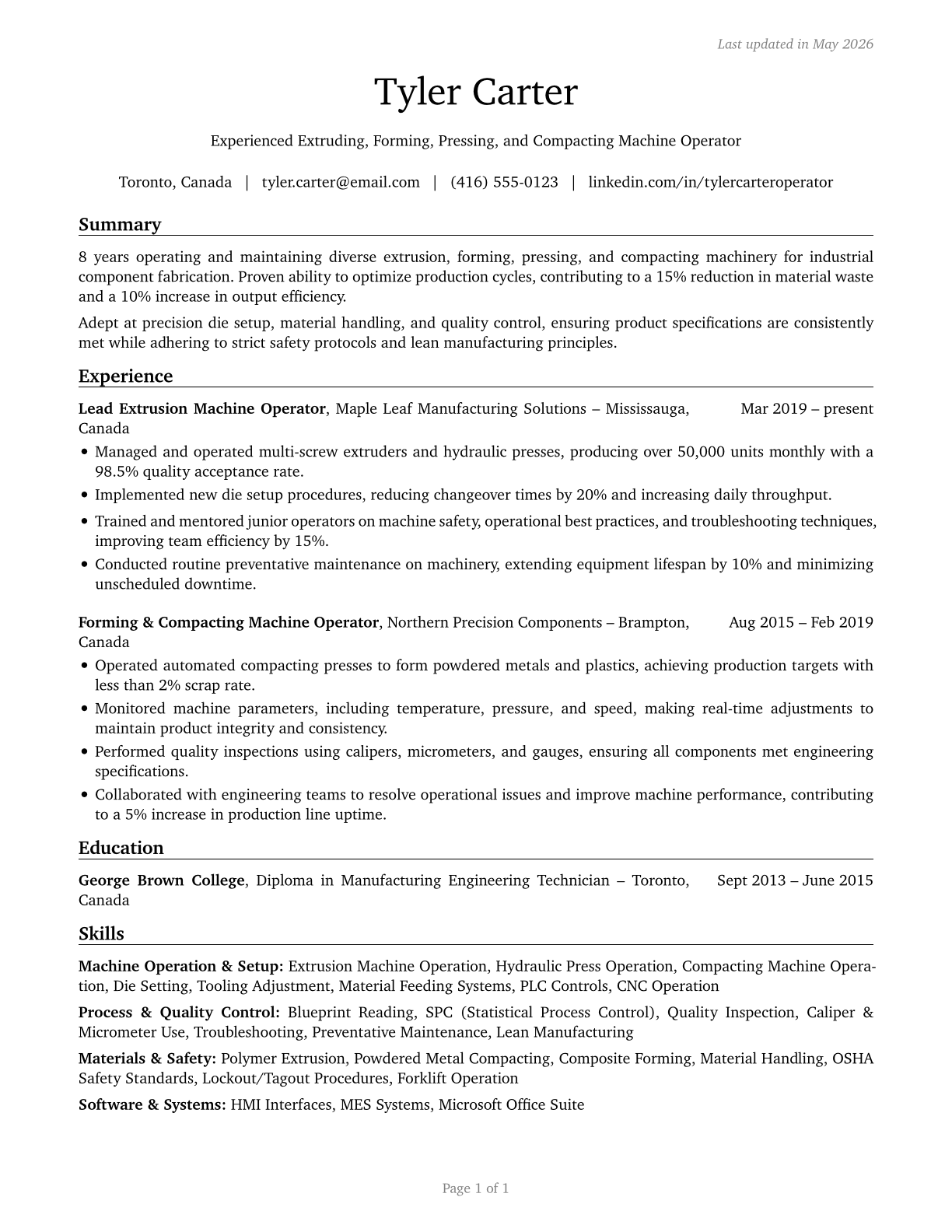 Extruding, Forming, Pressing, and Compacting Machine Setters, Operators, and Tenders CV in English — page 1