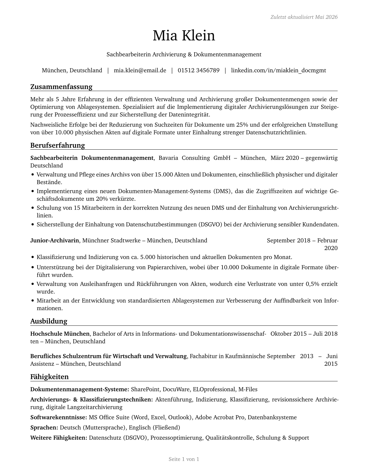 File Clerks CV in German — page 1