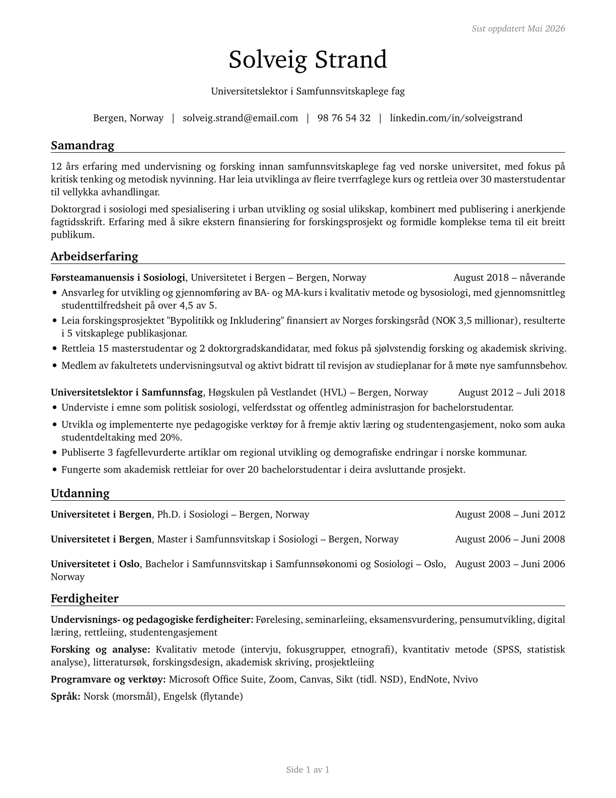 Postsecondary Teachers, All Other CV in Norwegian_nynorsk — page 1