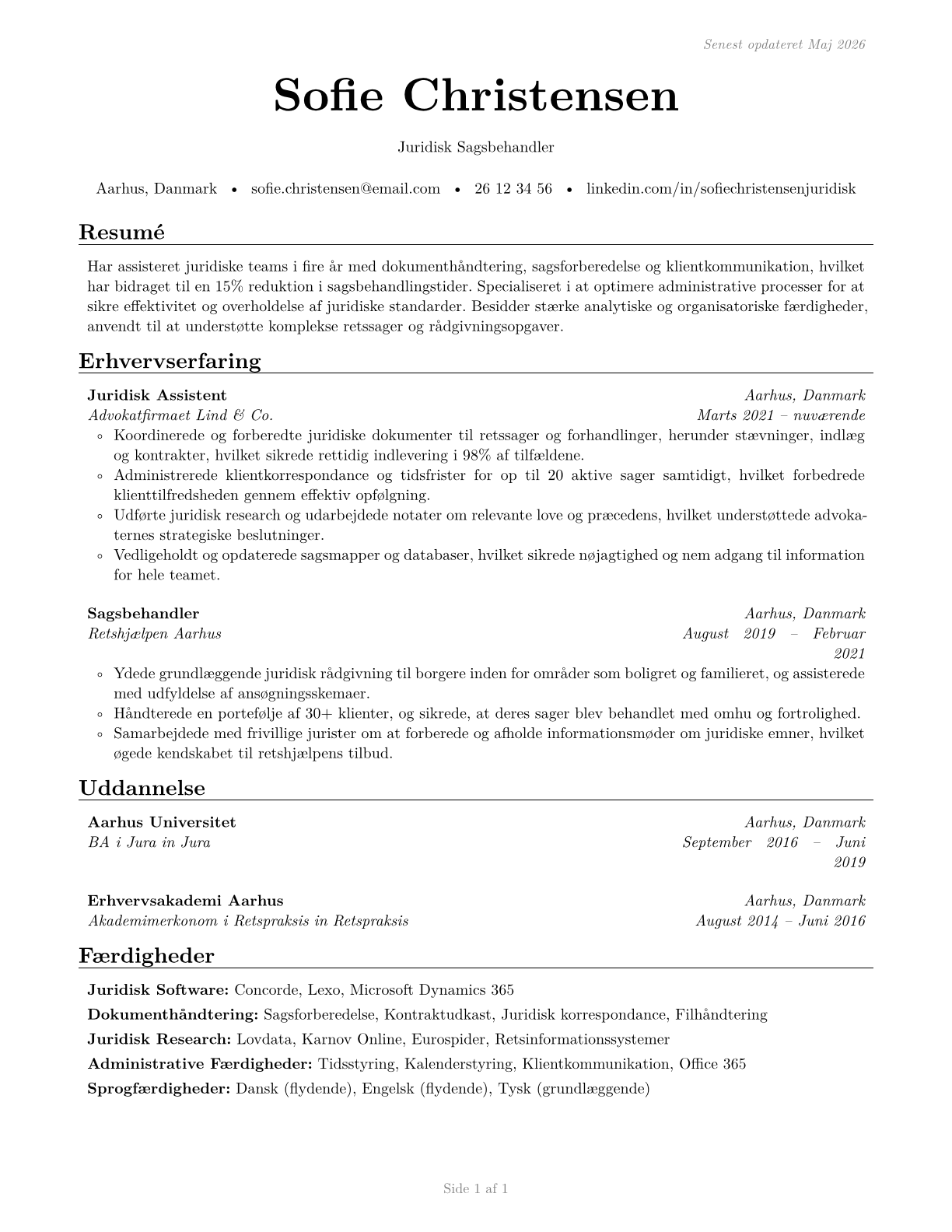 Legal Support Workers, All Other CV in Danish — page 1