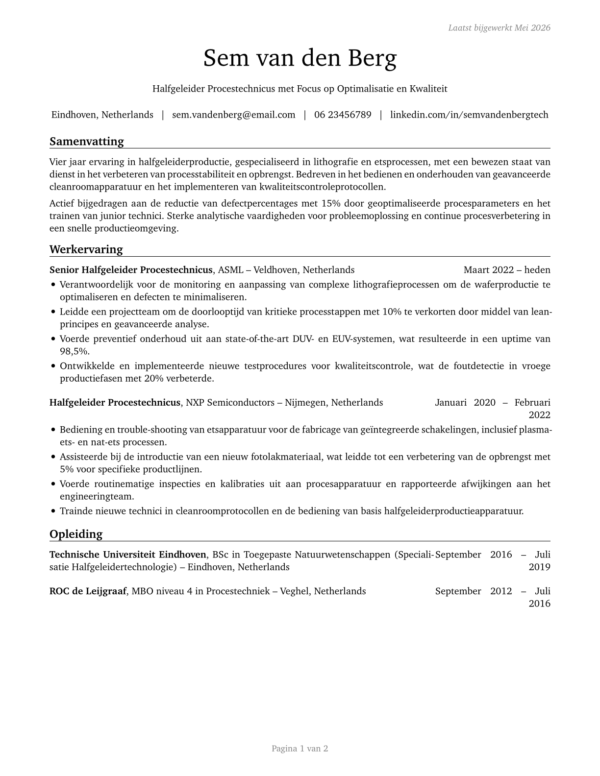 Semiconductor Processing Technicians CV in Dutch — page 1