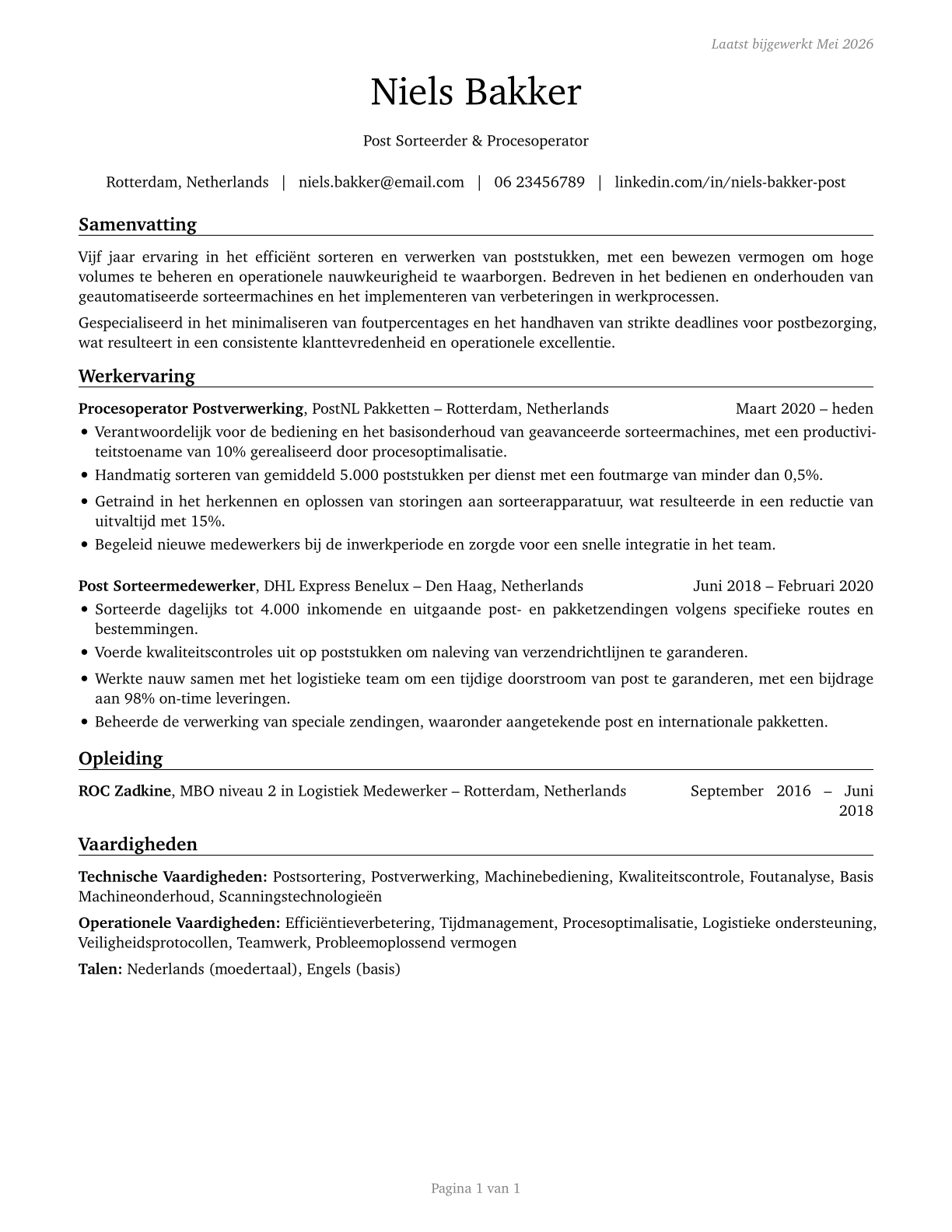 Postal Service Mail Sorters, Processors, and Processing Machine Operators CV in Dutch — page 1