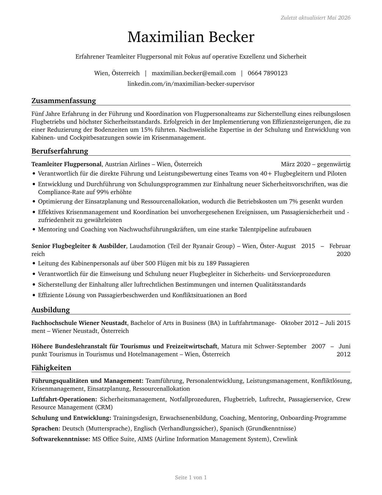 First-Line Supervisors of Air Crew Members CV in German — page 1