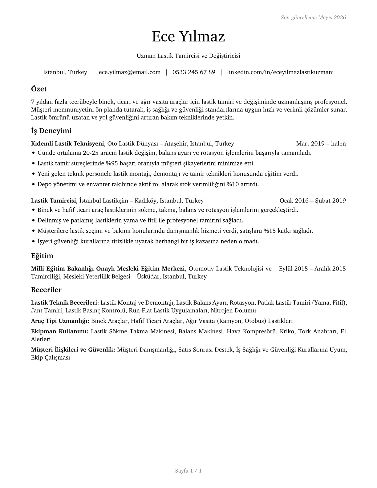 Tire Repairers and Changers CV in Turkish — page 1