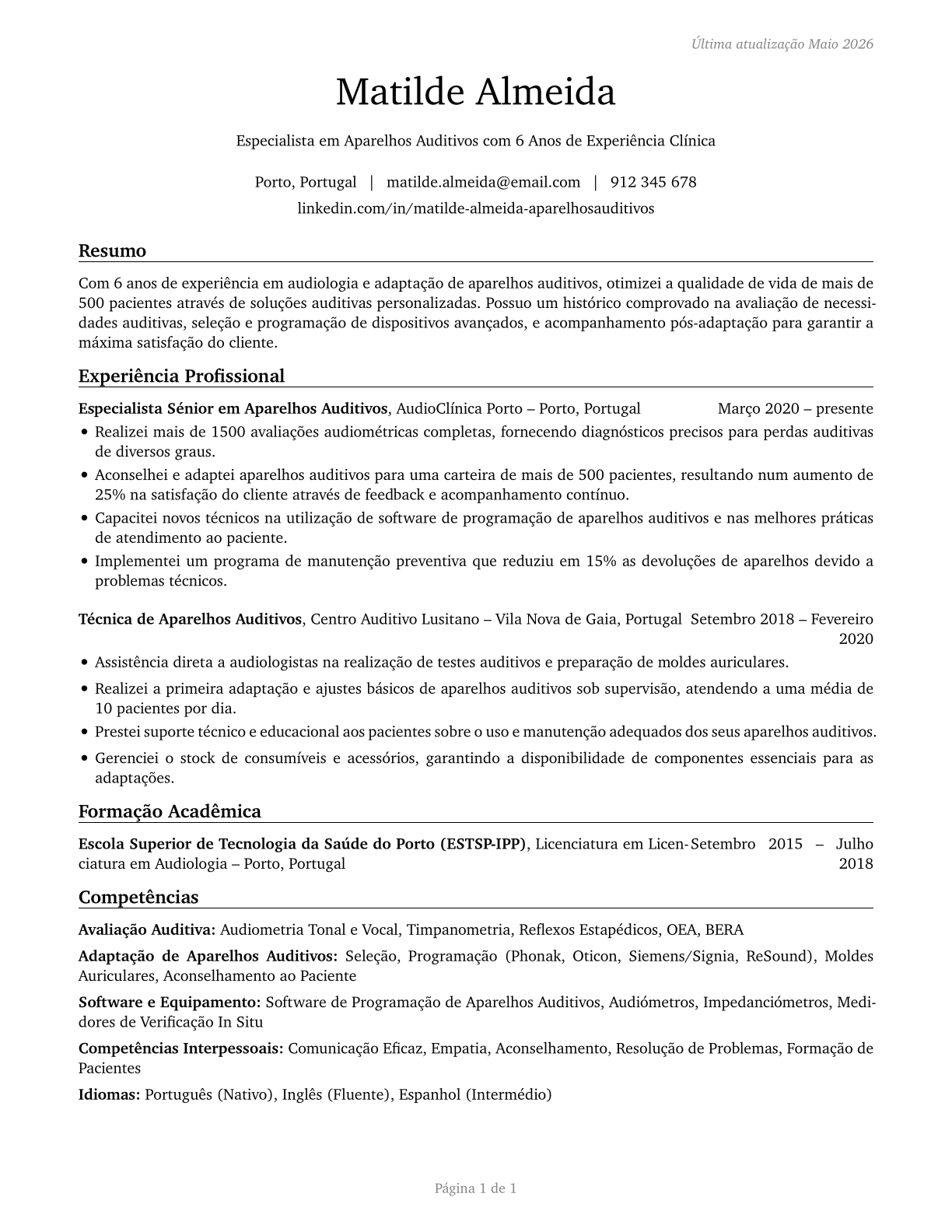 Hearing Aid Specialists CV in Portuguese — page 1