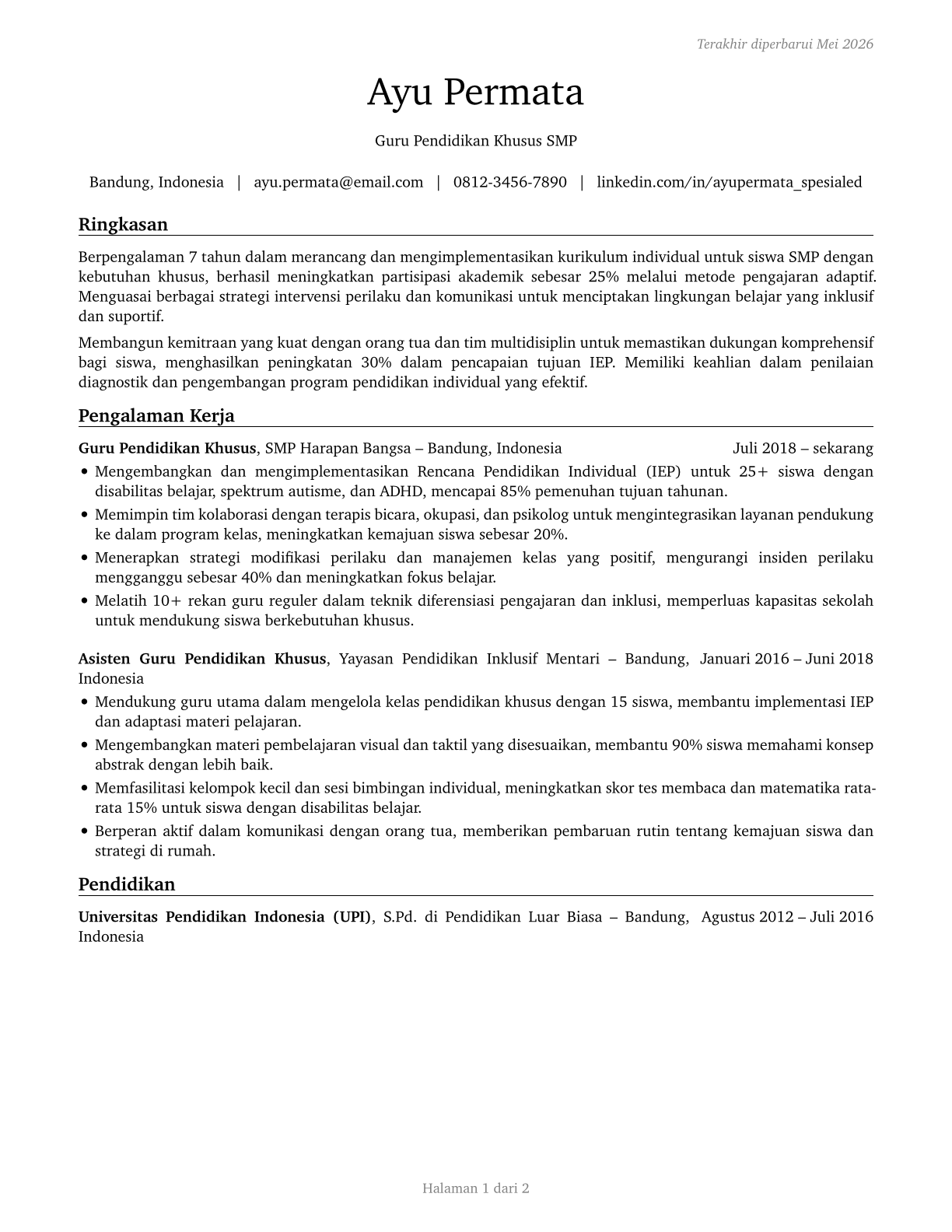Special Education Teachers, Middle School CV in Indonesian — page 1