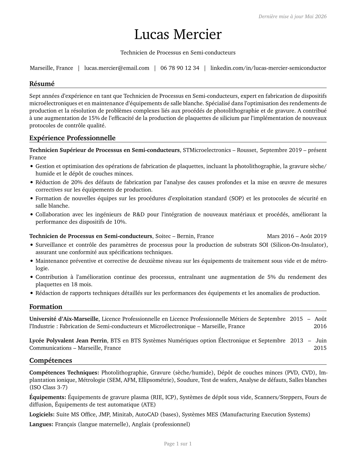 Semiconductor Processing Technicians CV in French — page 1