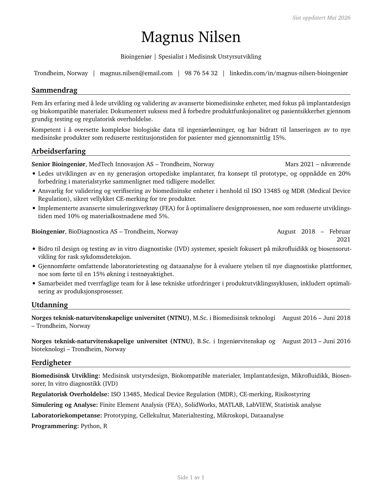 Bioengineers and Biomedical Engineers CV in Norwegian_bokmal — page 1