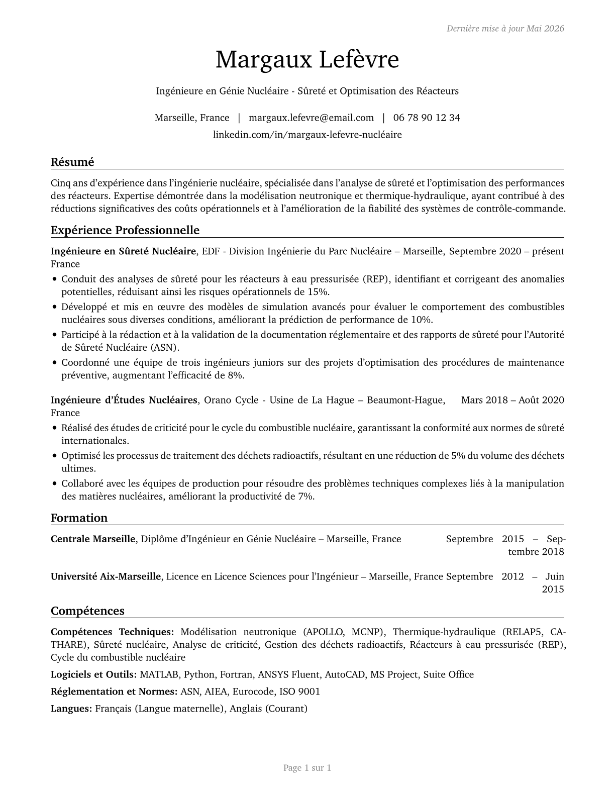 Nuclear Engineers CV in French — page 1