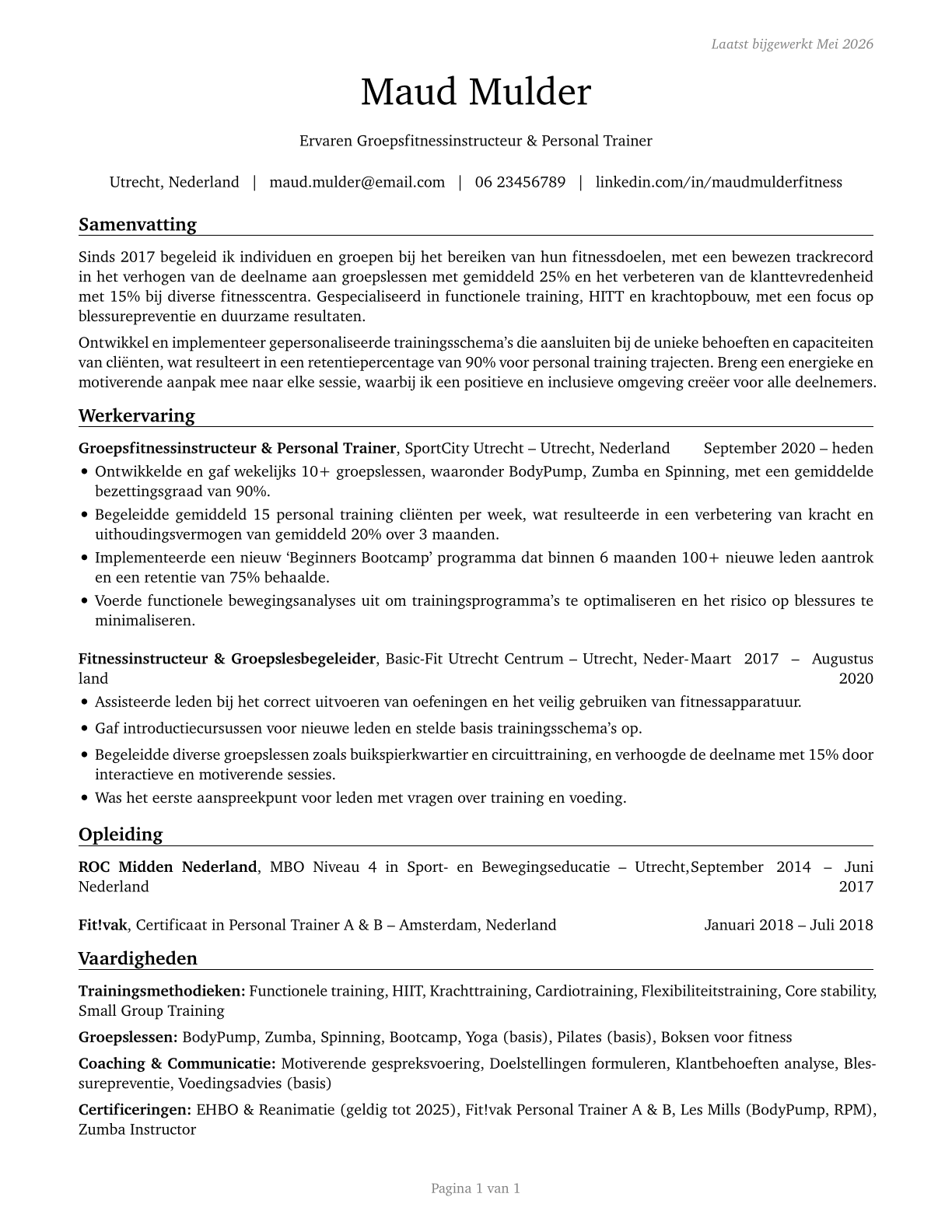Exercise Trainers and Group Fitness Instructors CV in Dutch — page 1