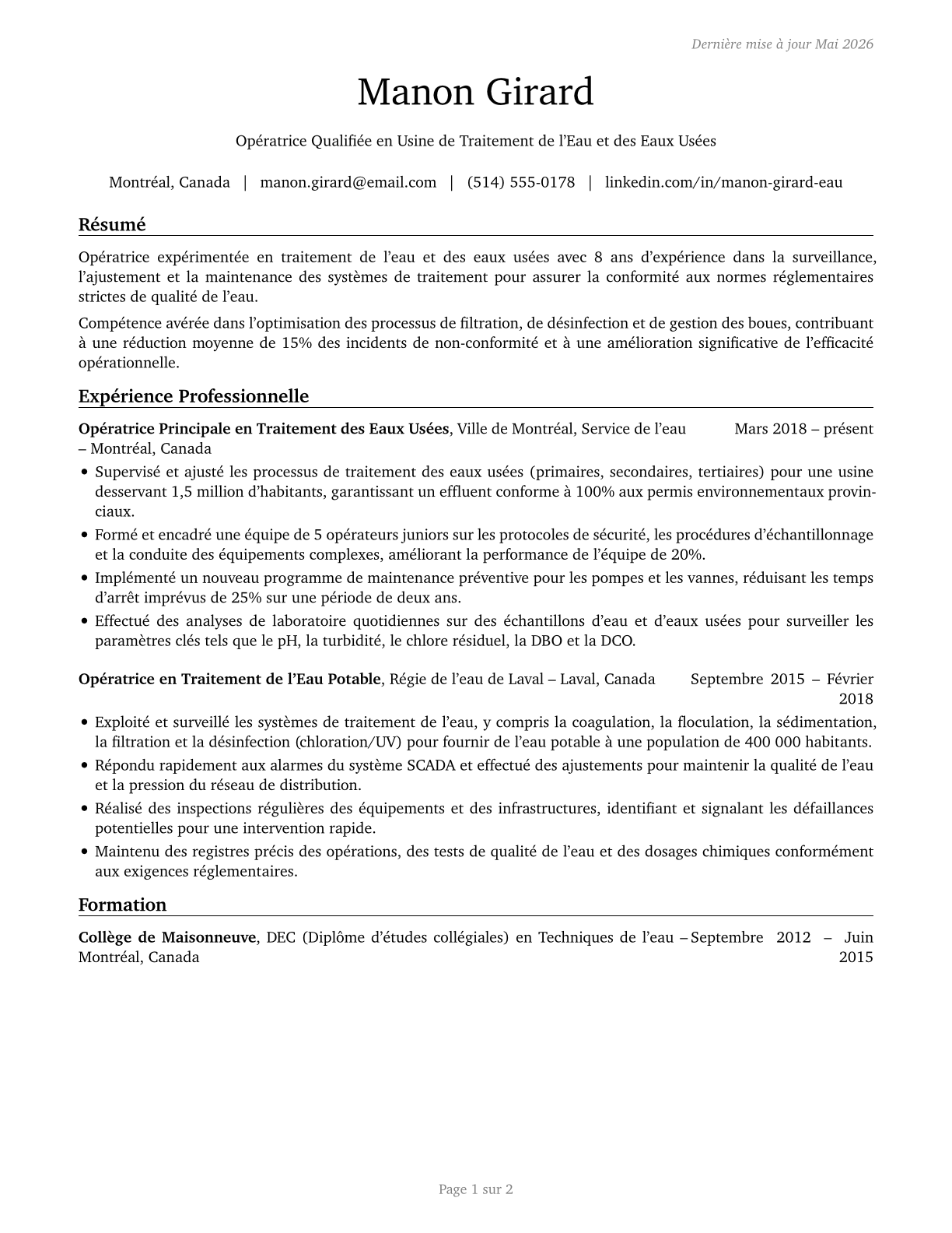 Water and Wastewater Treatment Plant and System Operators CV in French — page 1