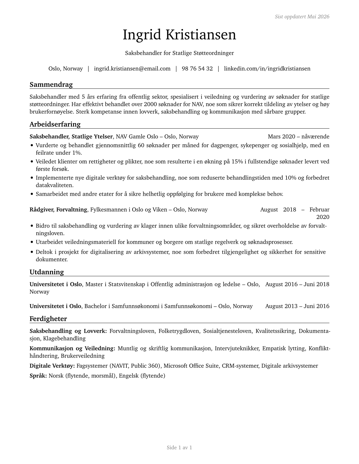 Eligibility Interviewers, Government Programs CV in Norwegian_bokmal — page 1