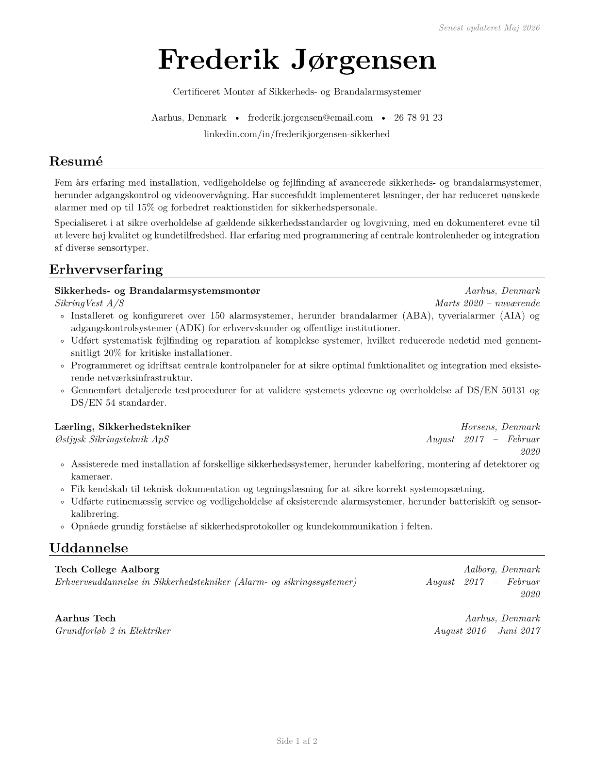 Security and Fire Alarm Systems Installers CV in Danish — page 1