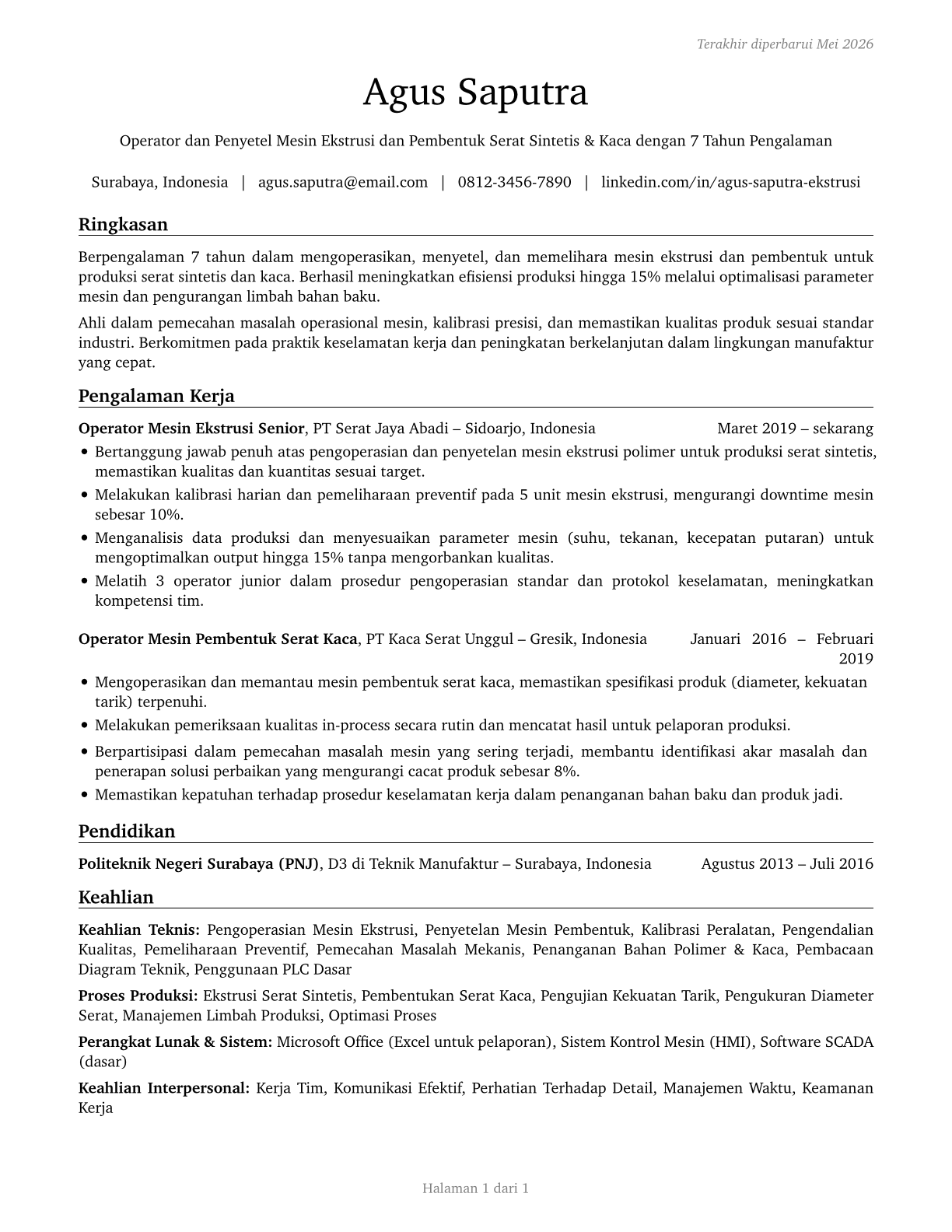 Extruding and Forming Machine Setters, Operators, and Tenders, Synthetic and Glass Fibers CV in Indonesian — page 1