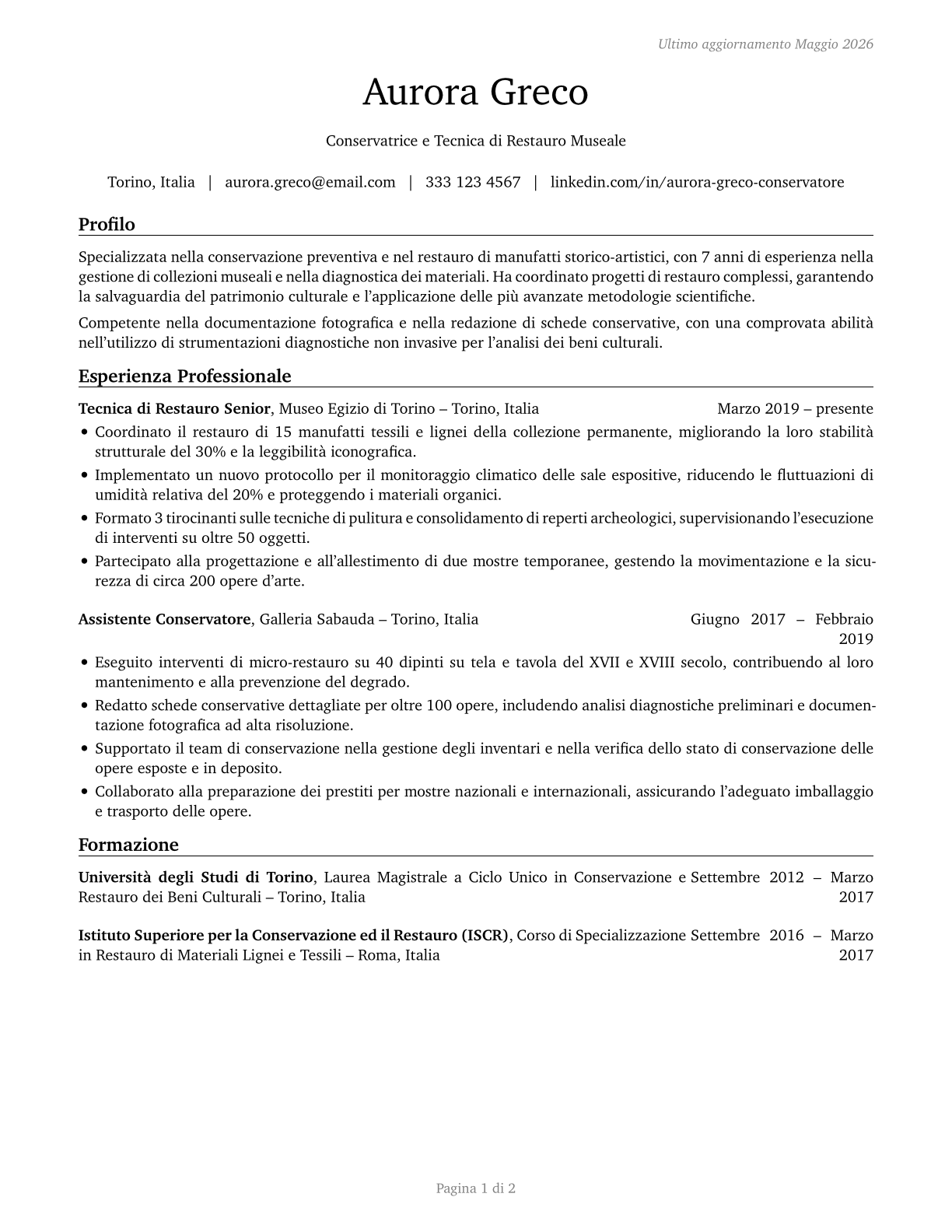 Museum Technicians and Conservators CV in Italian — page 1