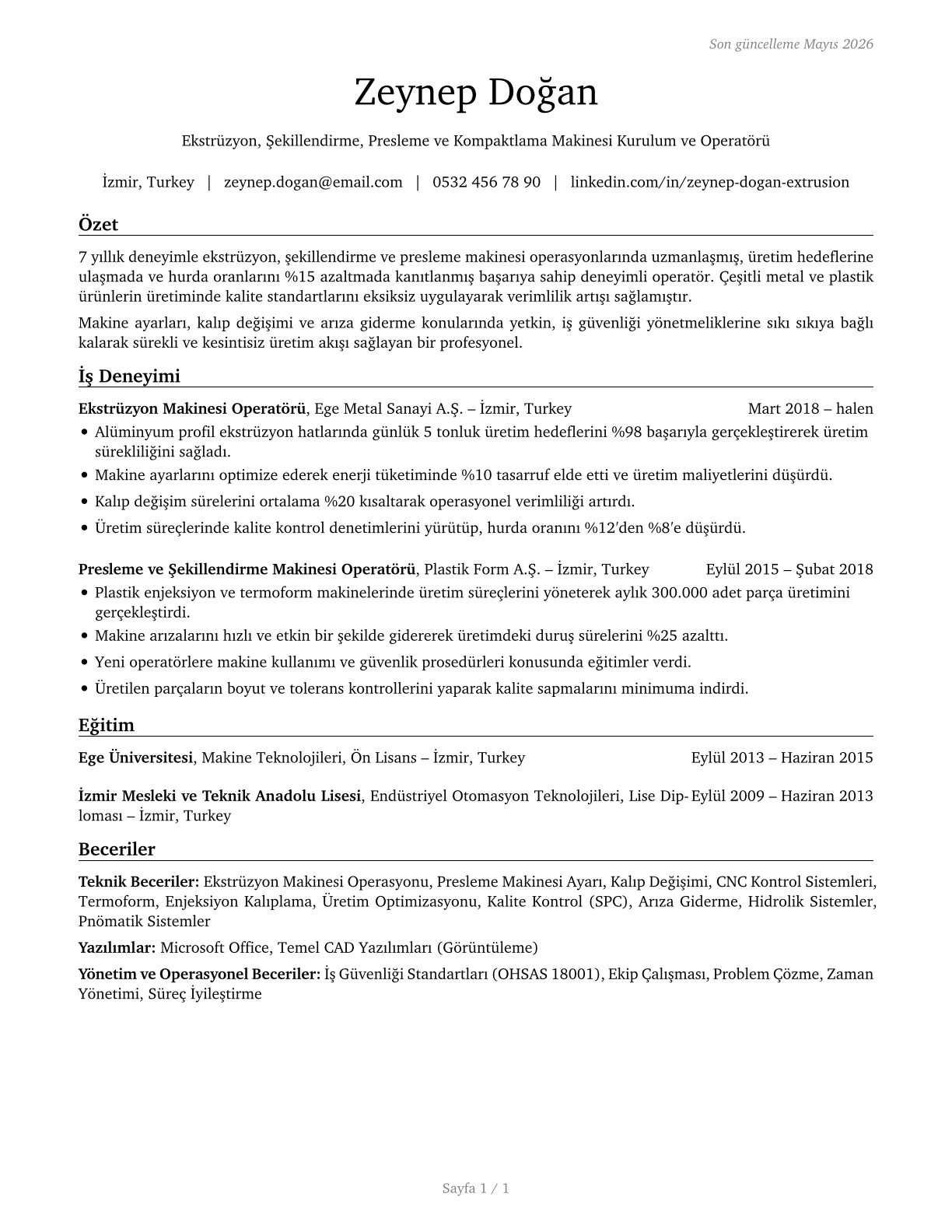 Extruding, Forming, Pressing, and Compacting Machine Setters, Operators, and Tenders CV in Turkish — page 1