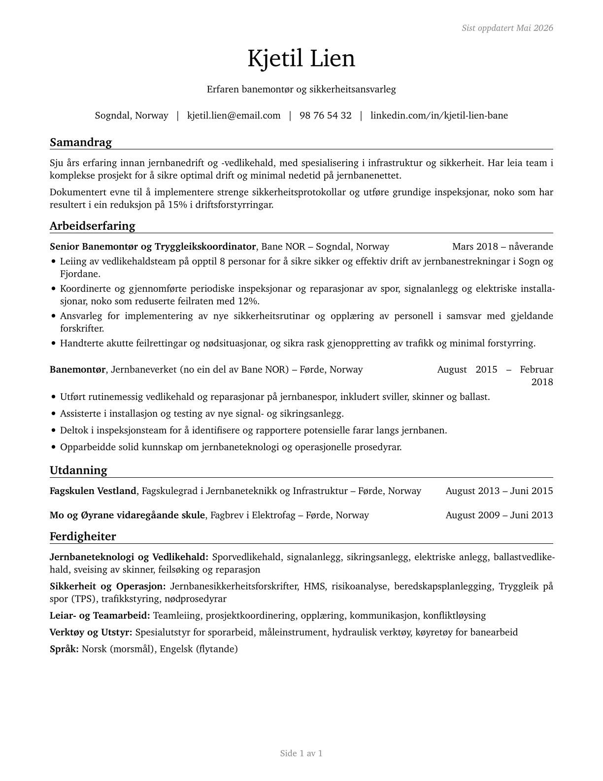 Rail Transportation Workers, All Other CV in Norwegian_nynorsk — page 1