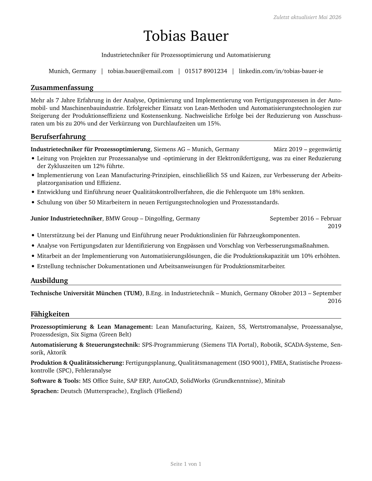Industrial Engineering Technologists and Technicians CV in German — page 1