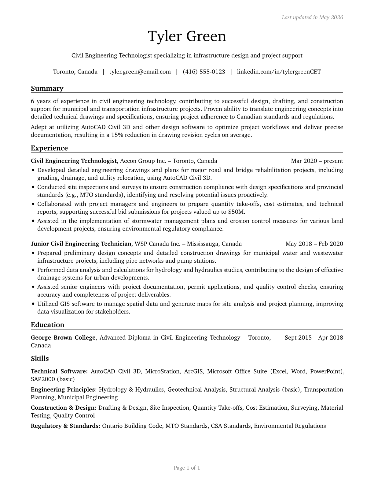 Civil Engineering Technologists and Technicians CV in English — page 1