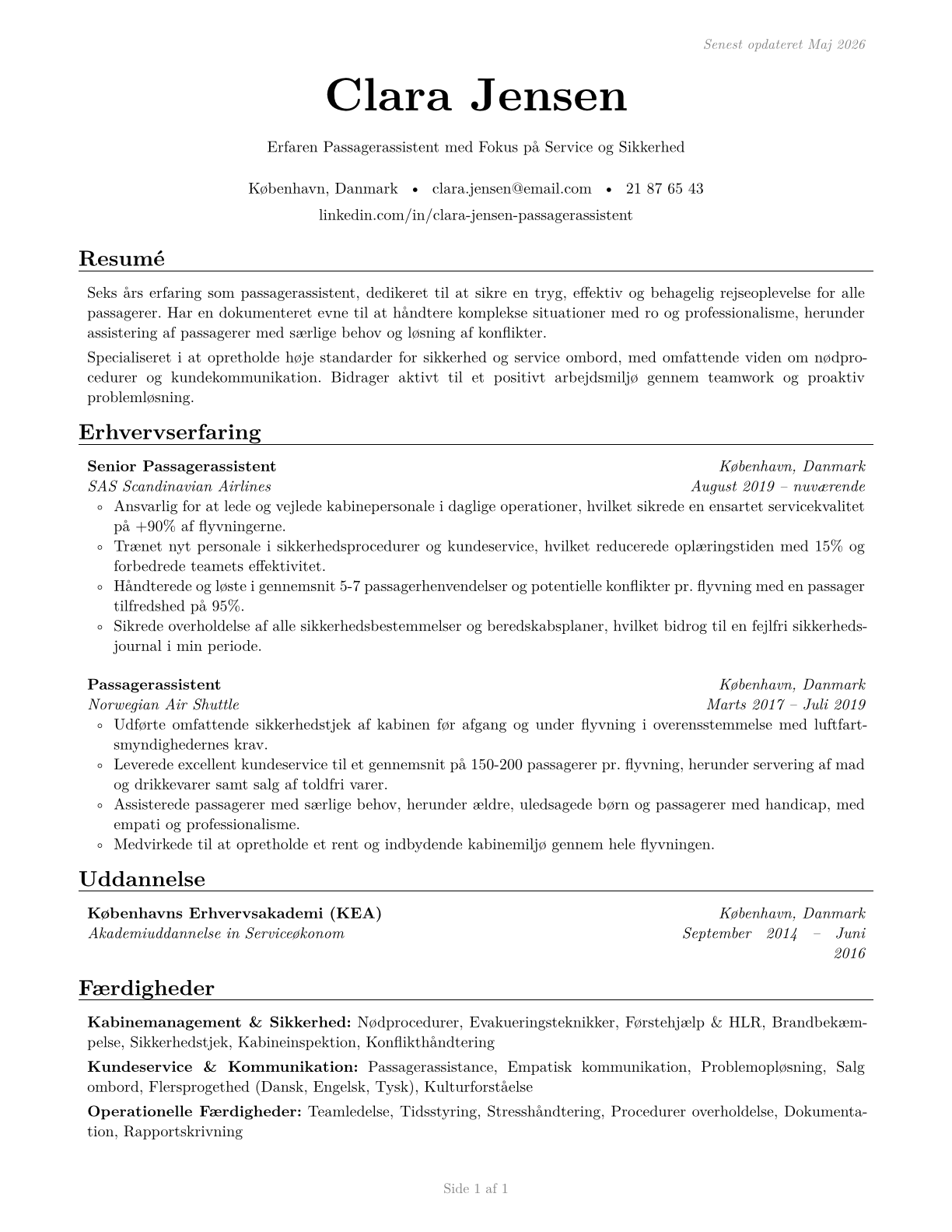 Passenger Attendants CV in Danish — page 1