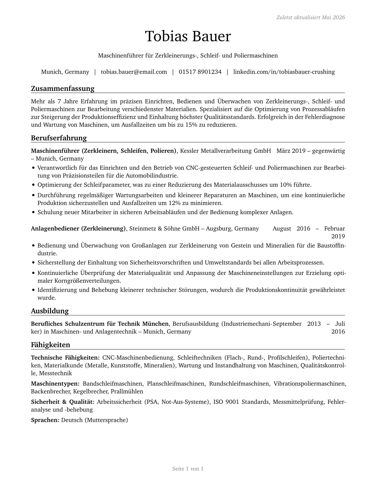 Crushing, Grinding, and Polishing Machine Setters, Operators, and Tenders CV in German — page 1