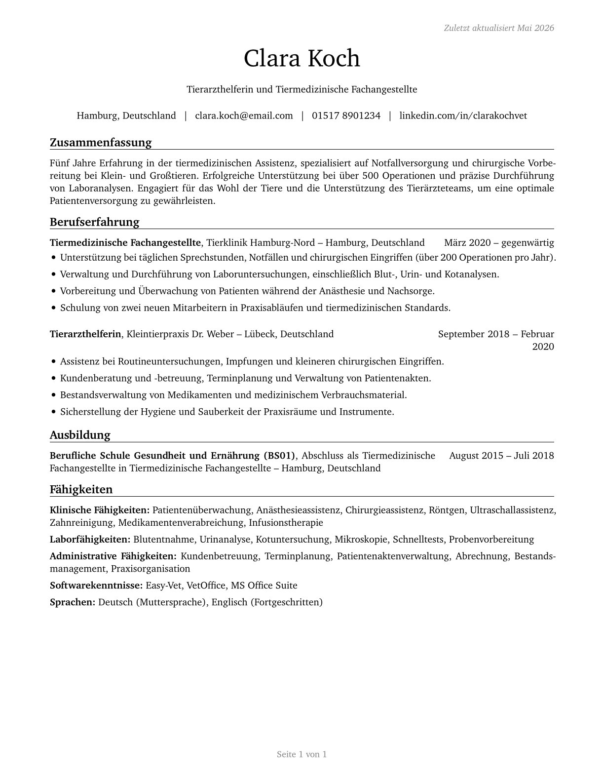 Veterinary Technologists and Technicians CV in German — page 1