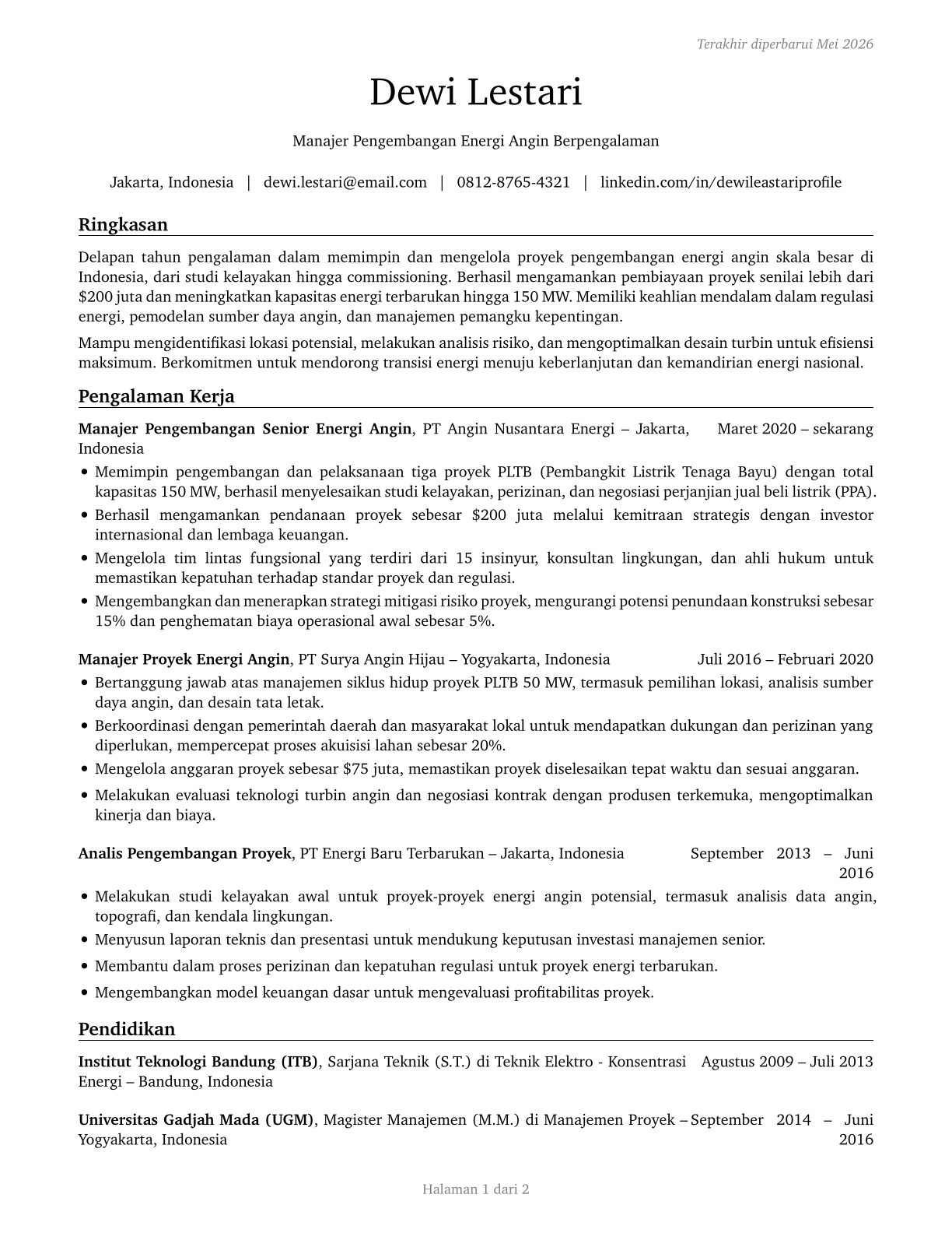 Wind Energy Development Managers CV in Indonesian — page 1