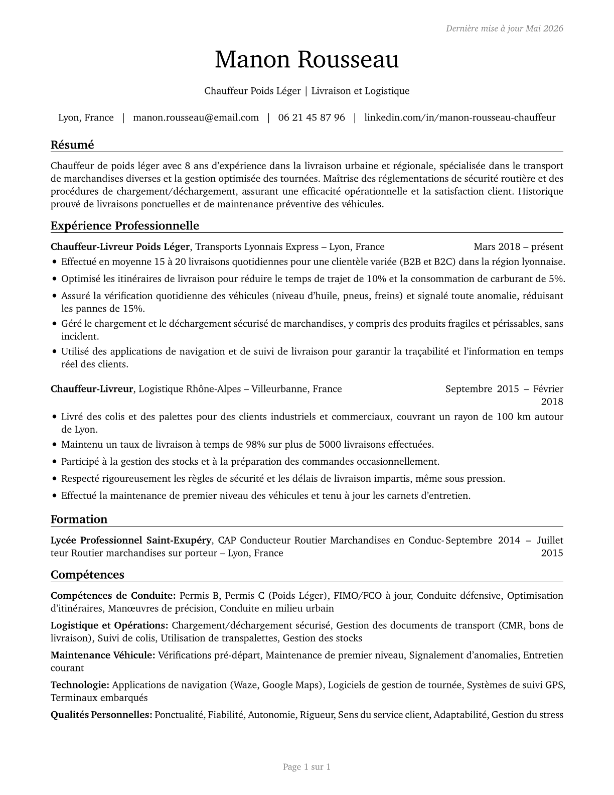 Light Truck Drivers CV in French — page 1