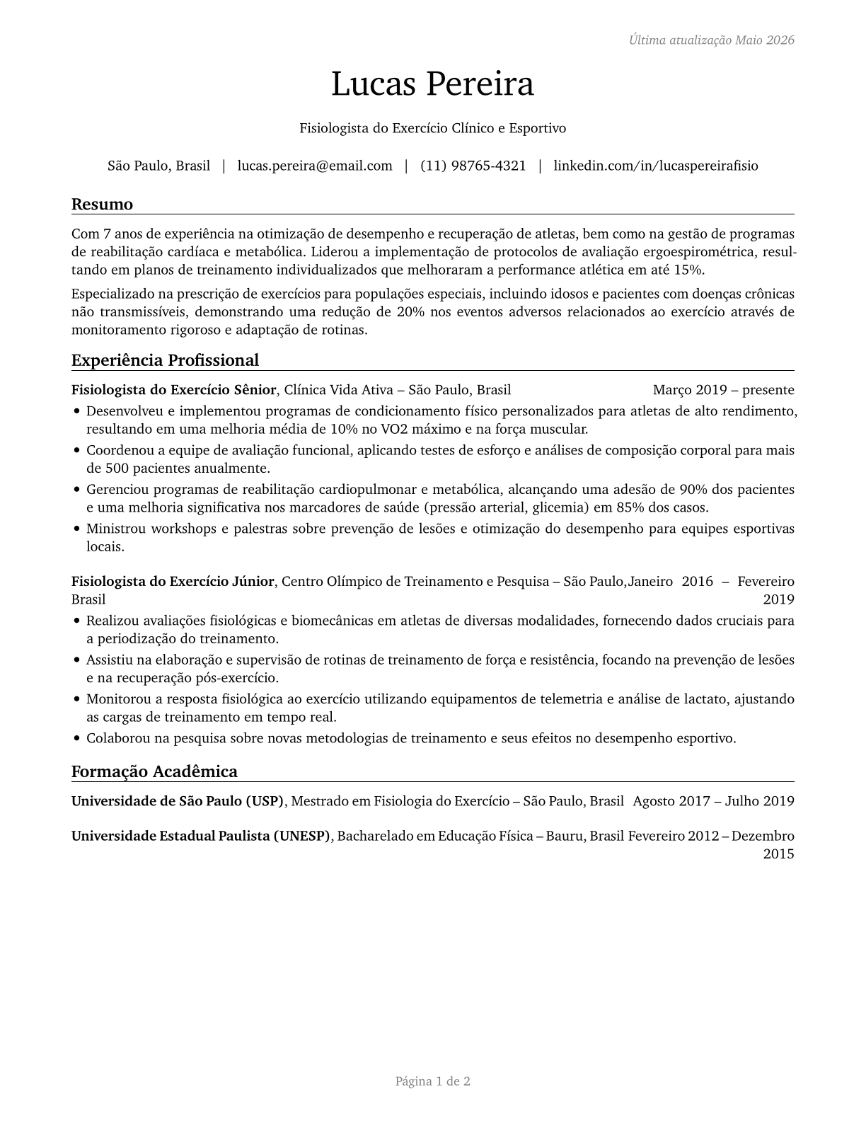 Exercise Physiologists CV in Portuguese — page 1