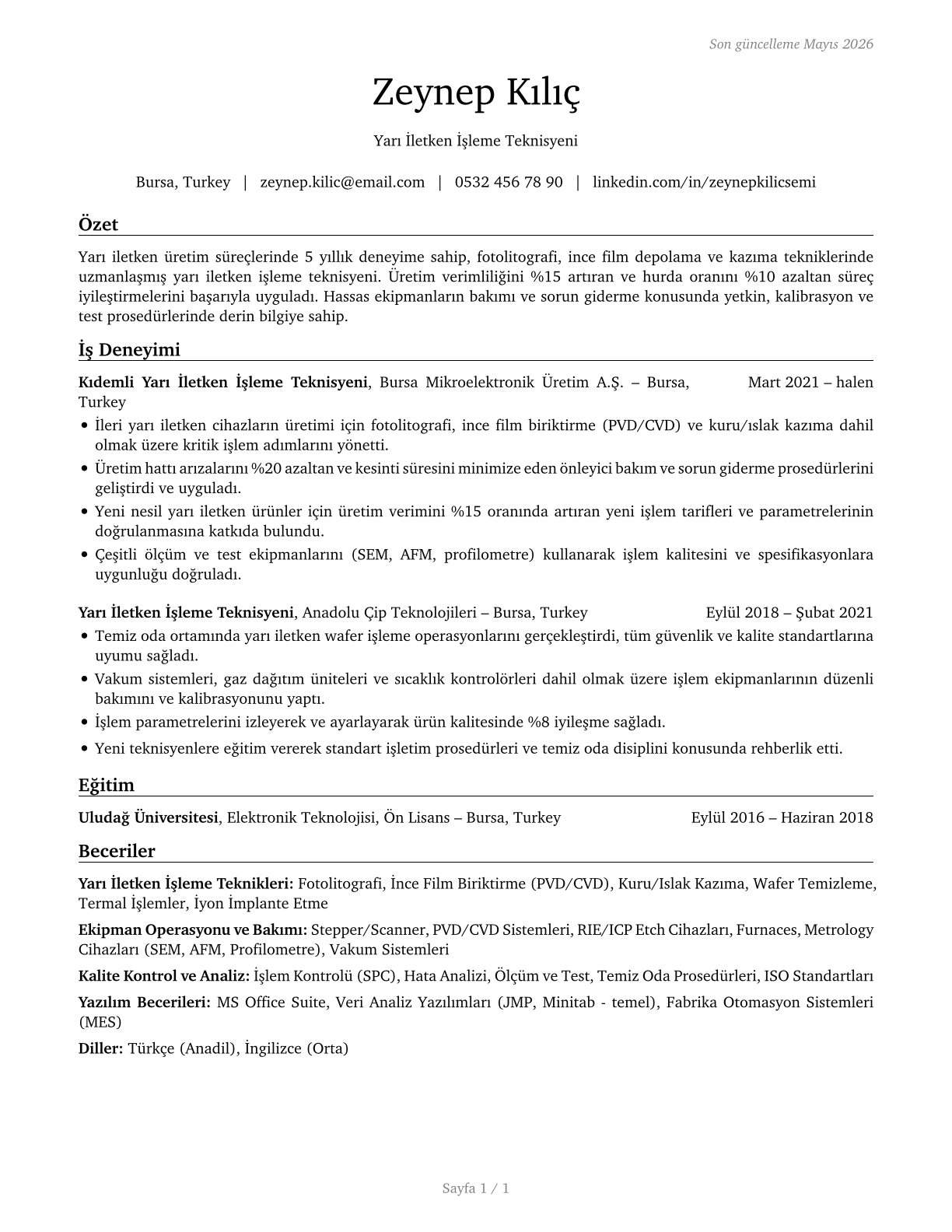 Semiconductor Processing Technicians CV in Turkish — page 1