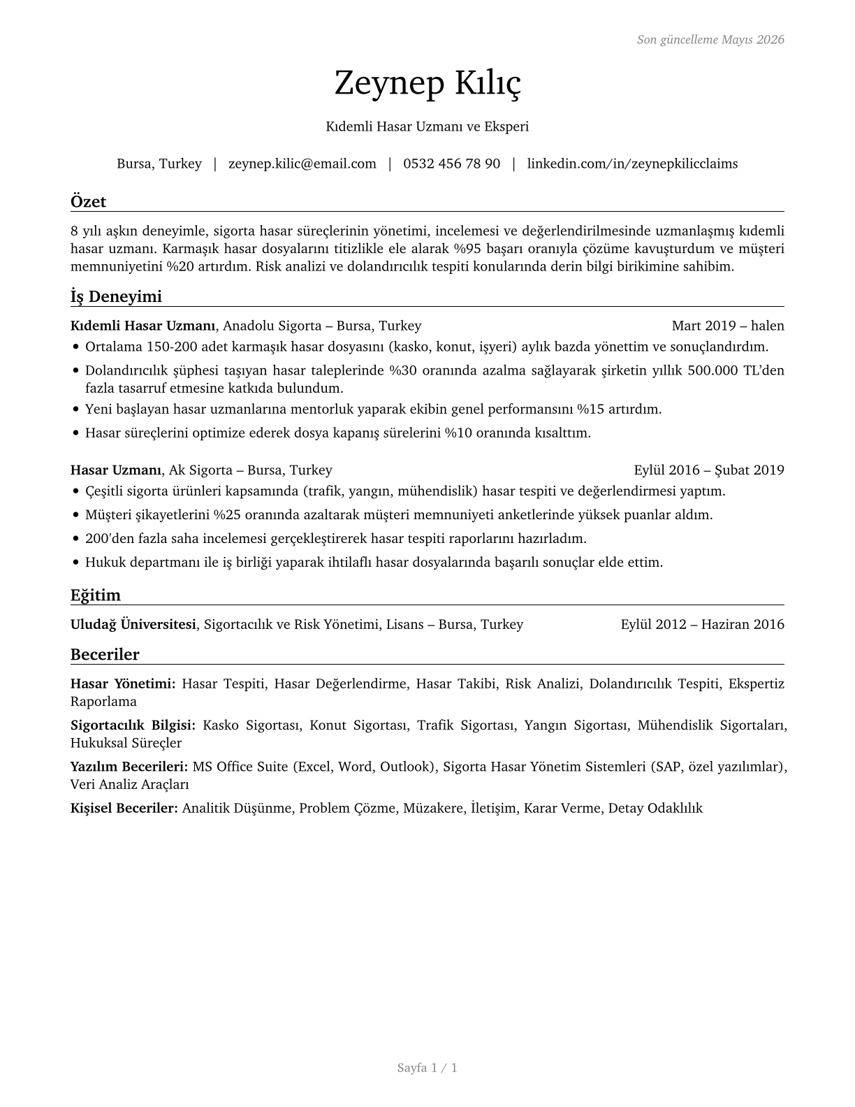 Claims Adjusters, Examiners, and Investigators CV in Turkish — page 1