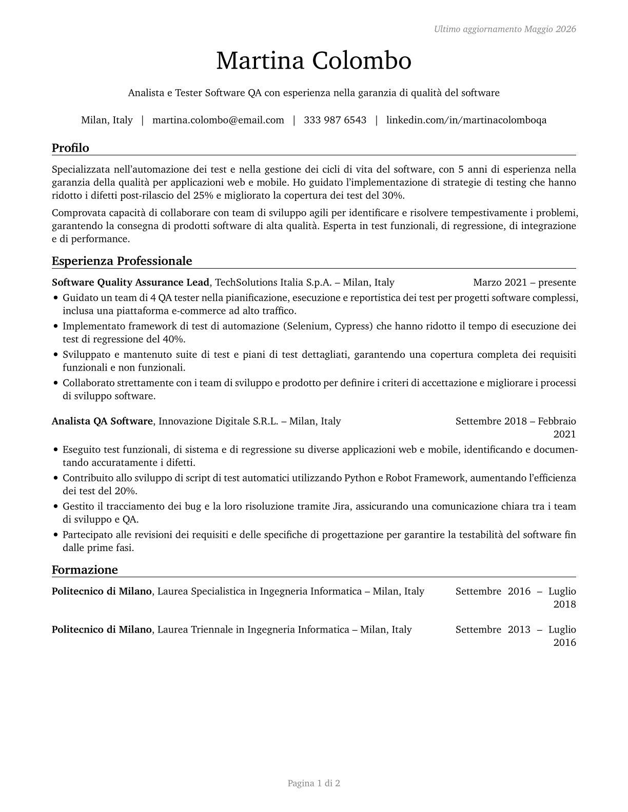 Software Quality Assurance Analysts and Testers CV in Italian — page 1