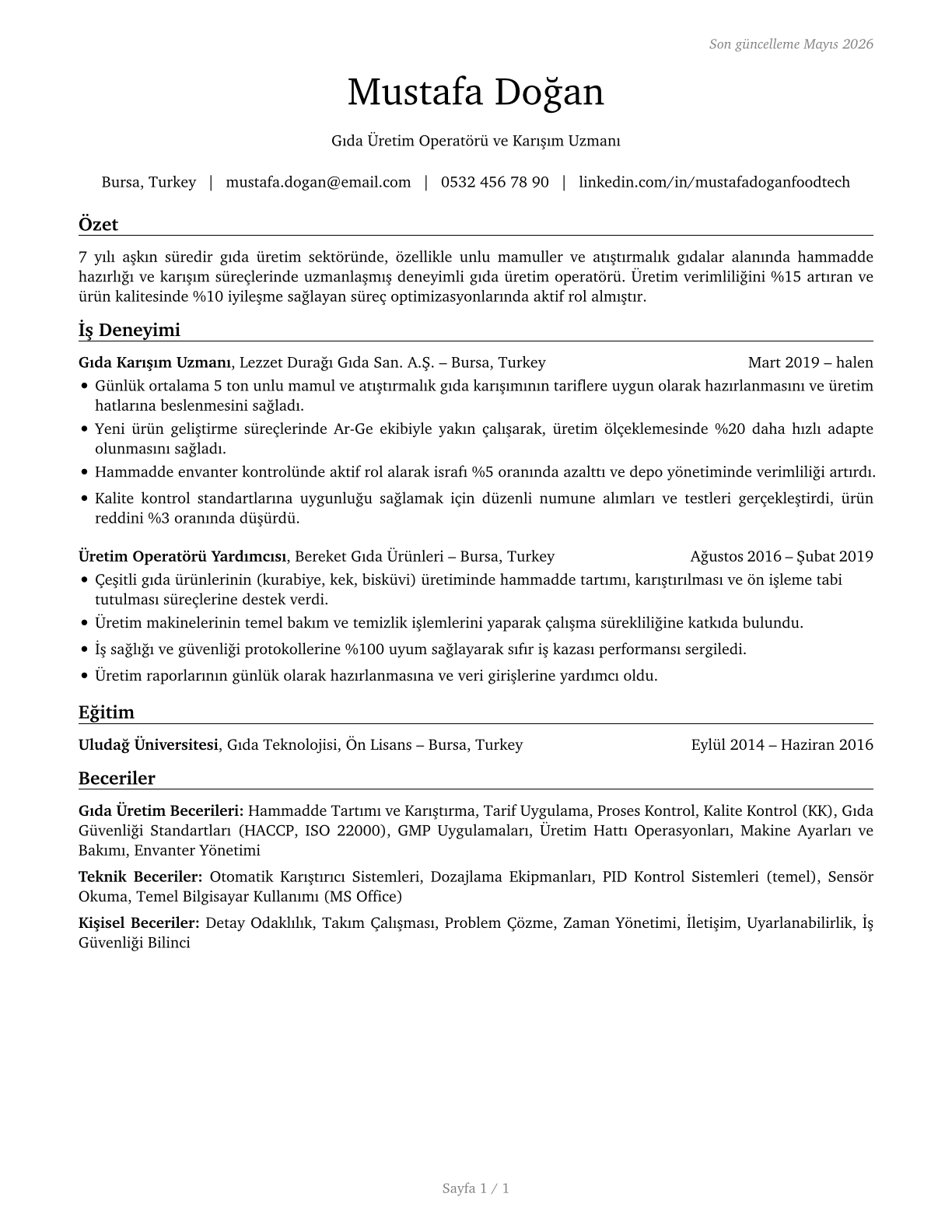 Food Batchmakers CV in Turkish — page 1