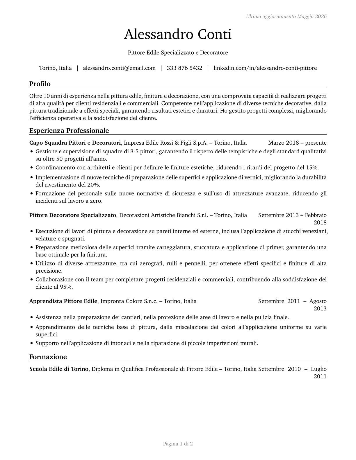 Painting, Coating, and Decorating Workers CV in Italian — page 1