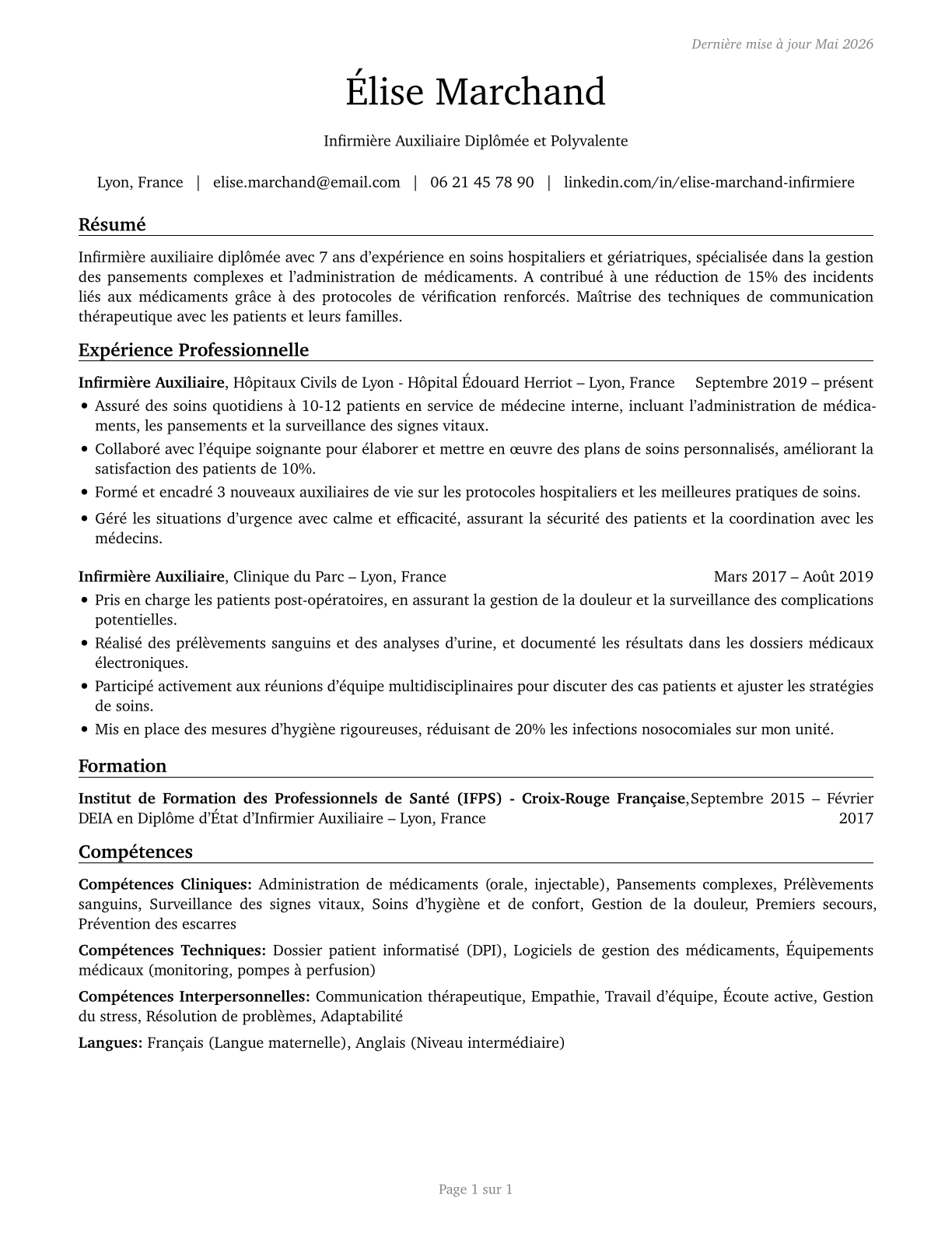 Licensed Practical and Licensed Vocational Nurses CV in French — page 1