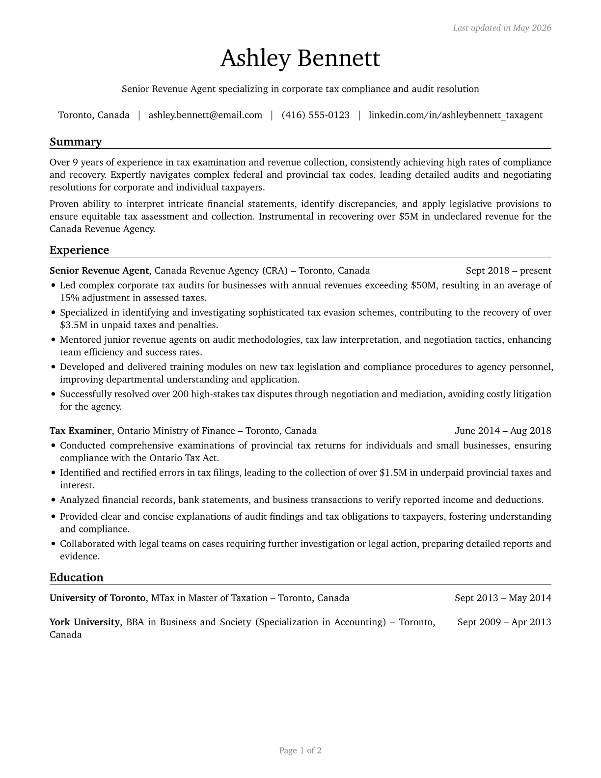 Tax Examiners and Collectors, and Revenue Agents CV in English — page 1